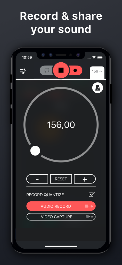 Beat Snap 2 recording interface showing audio record and video capture options with BPM control