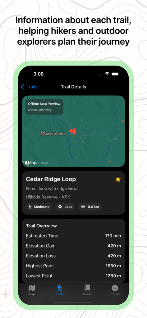 Offline RouteMap 3D - Informations détaillées sur un sentier de randonnée montrant les statistiques d'altitude et un aperçu de la carte de l'itinéraire