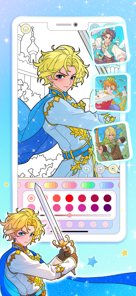 Princess Game Fantasy Coloring - Interfaccia di un'app di colorazione mobile con un principe fantasy biondo, una tavolozza di colori e anteprime dei personaggi.