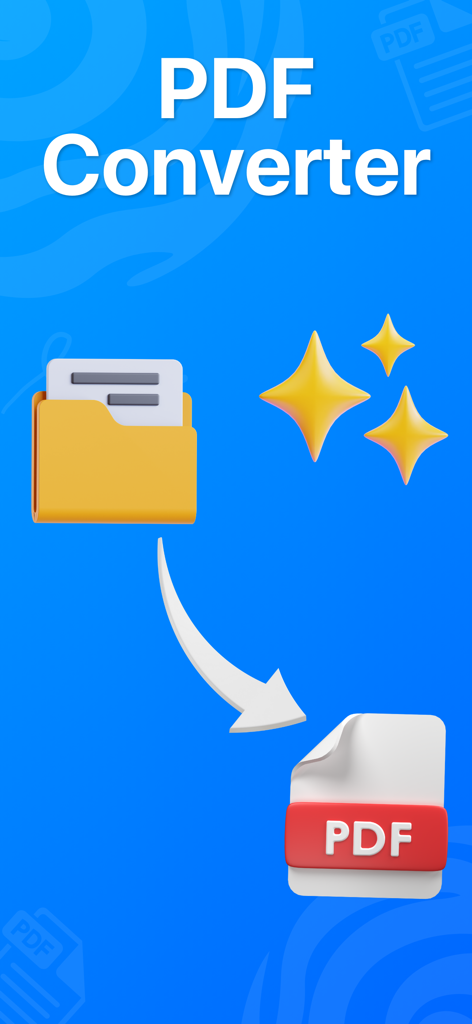 PDF Converter - PDFconvert - A graphic showing a folder icon being converted into a PDF document with an arrow on a blue background