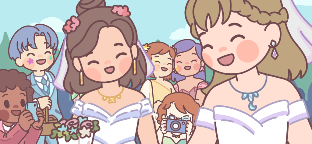 Pocket Love! - Duas personagens femininas em vestidos de noiva celebrando seu casamento com amigos em um estilo de arte fofo.