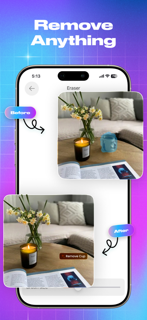 Photo Remover AIツールを使用して、写真からカップを削除した、前後の比較。