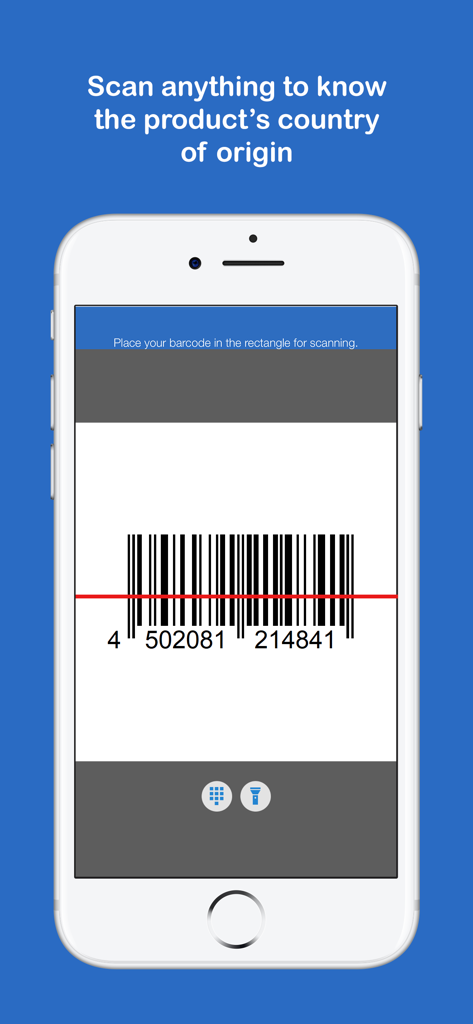 Smartphone screen showing the barcode scanning interface of the Made In app with a barcode and origin identification text