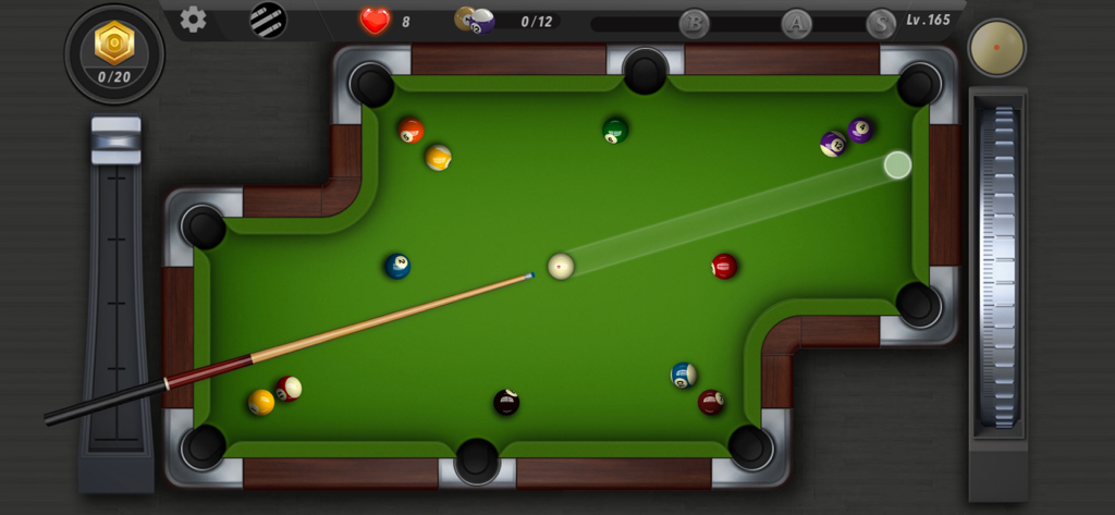 Top down gameplay view of Pooking Billiards City showing a unique L shaped pool table with a cue stick aiming at a ball