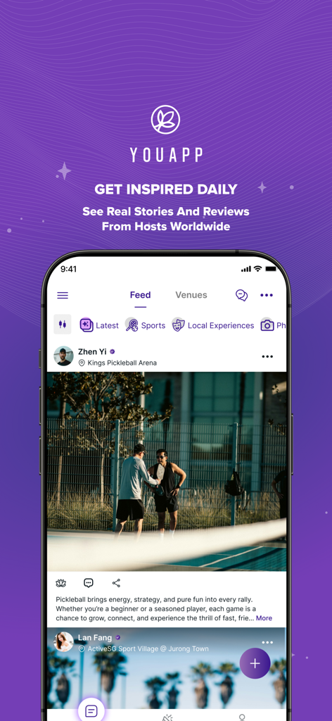 YouApp: Trips & Experiences - YouApp mobile interface showing a social feed of local experiences and a pickleball session.