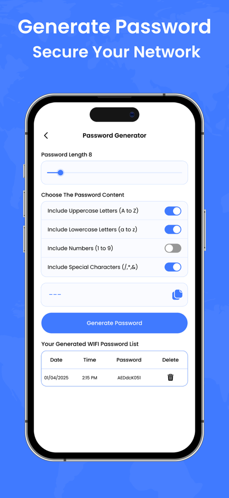 Écran de smartphone affichant la fonction de générateur de mots de passe dans l'application Carte des mots de passe Wifi