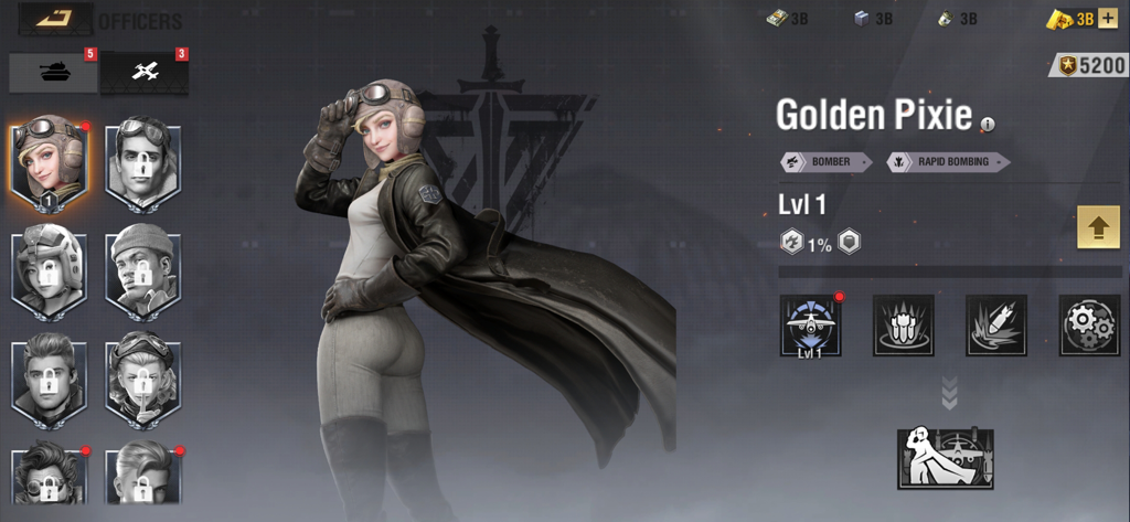 Warpath: Ace Shooter - Profilo del personaggio Golden Pixie con statistiche del bombardiere in Warpath Ace Shooter