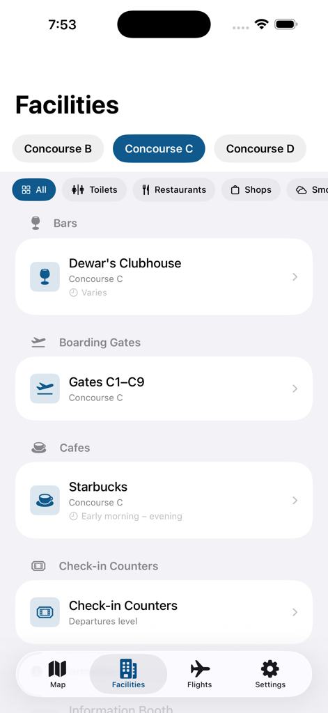 SW Florida RSW Airport - Screenshot of the SW Florida RSW Airport app facilities page showing amenities in Concourse C including bars boarding gates and cafes