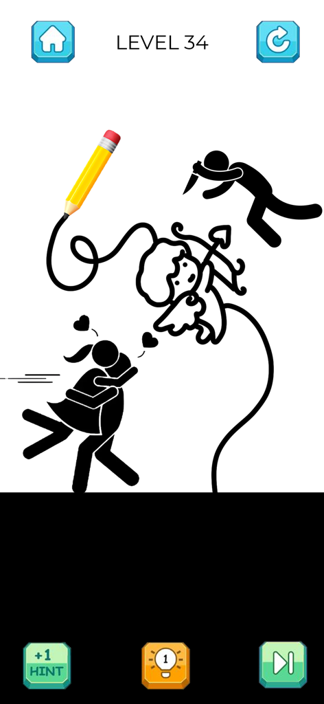 Niveau d'énigme de dessin de Stickman montrant un crayon créant un chemin pour protéger les personnages d'un attaquant