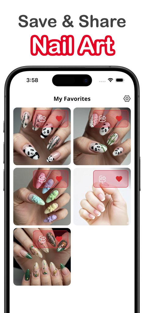 Una galería de diseños de arte de uñas guardados en la aplicación AI Nail Designer que incluyen estilos de osito panda y 3D