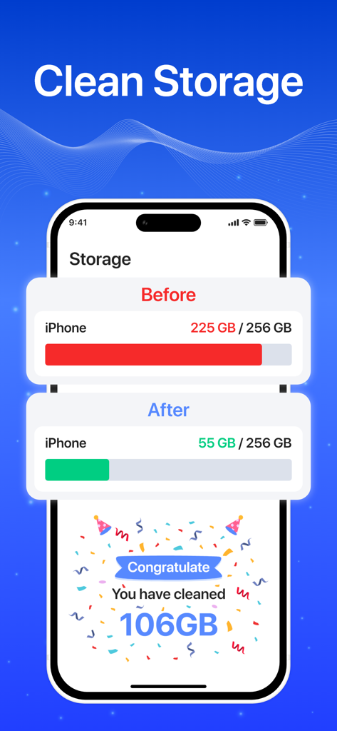Cleanify: Purge Lite - A smartphone screen showing a before and after comparison of iPhone storage usage after using Cleanify to remove 106GB of data