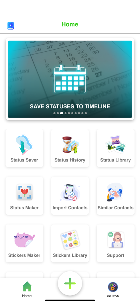 Status Saver Video Photo Save - Home screen dashboard of the Status Saver app featuring tools for status saving history sticker making and contact management.