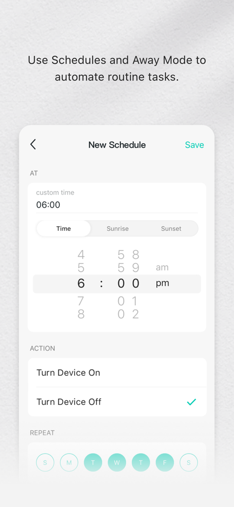 Interface of the Kasa Smart app showing how to create a new automated device schedule
