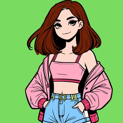 a realistic girl with a crop top and short shorts in an open jacket