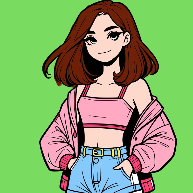 a realistic girl with a crop top and short shorts in an open jacket