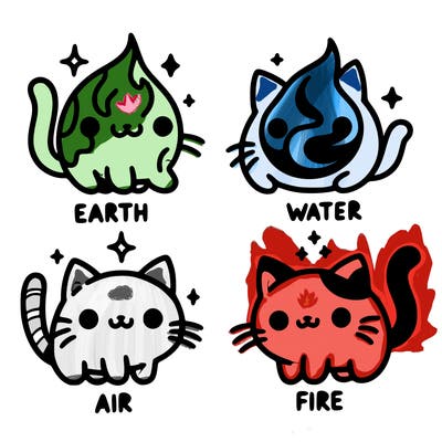 4 cats that represent the different elements, earth, water, air, and fire
