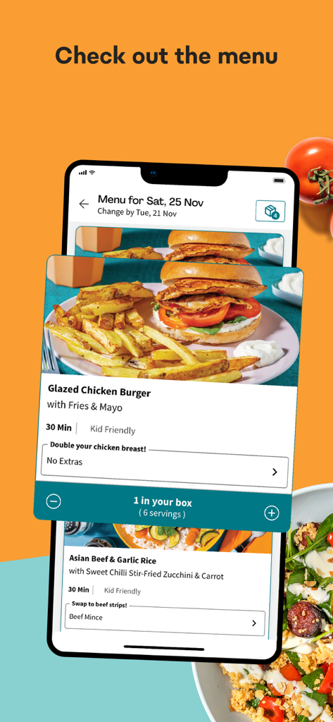EveryPlate: Cooking Simplified - 스마트폰 화면에 EveryPlate 앱 메뉴에 글레이즈드 치킨 버거와 비프 라이스 레시피가 표시됨