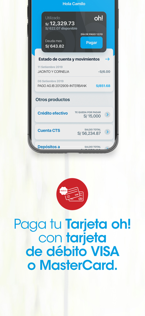 Interfaz de la app Financiera oh en un smartphone mostrando saldos de cuenta y un mensaje sobre el pago con tarjetas de débito Visa o MasterCard