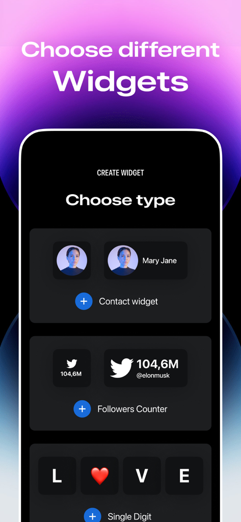 Lock Screen 17 Widget - Interface for choosing different widget types like contacts and followers counters within the Lock Screen 17 app
