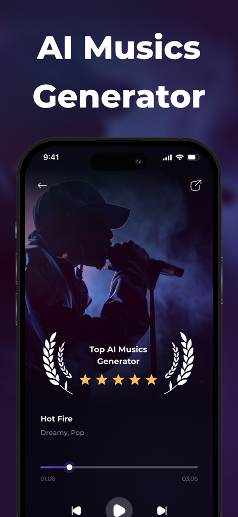 Soundful AI music generator app interface showing a music player with a dreamy pop track