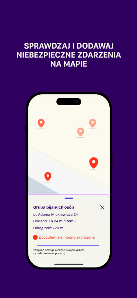 HomeGirl mobile app screenshot showing a real-time threat map with location pins for user safety