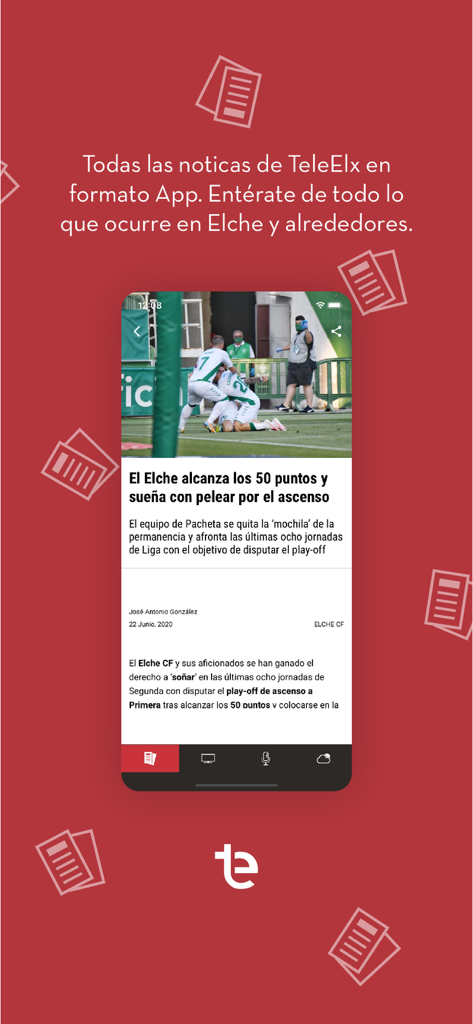 App TeleElx mostrando un artículo de noticias local sobre el equipo de fútbol Elche CF
