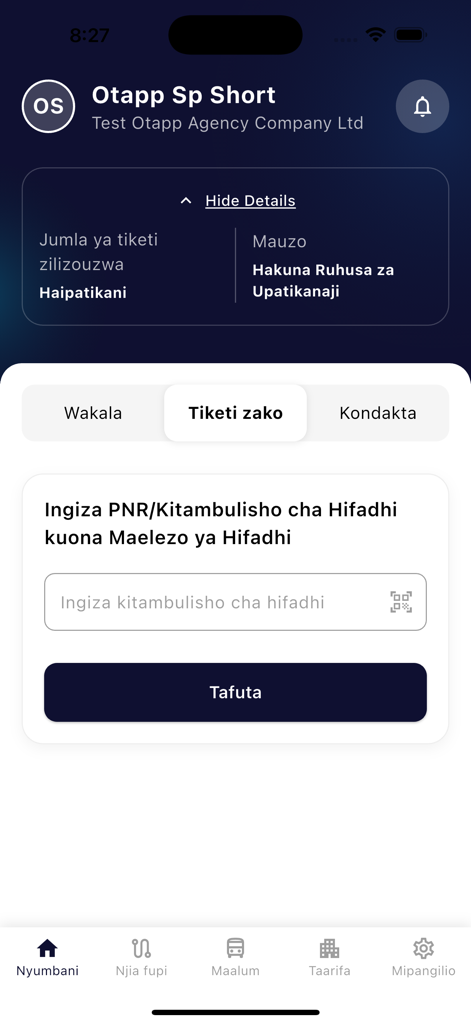Obus - Obus mobile app dashboard for bus agents featuring a PNR ticket search interface