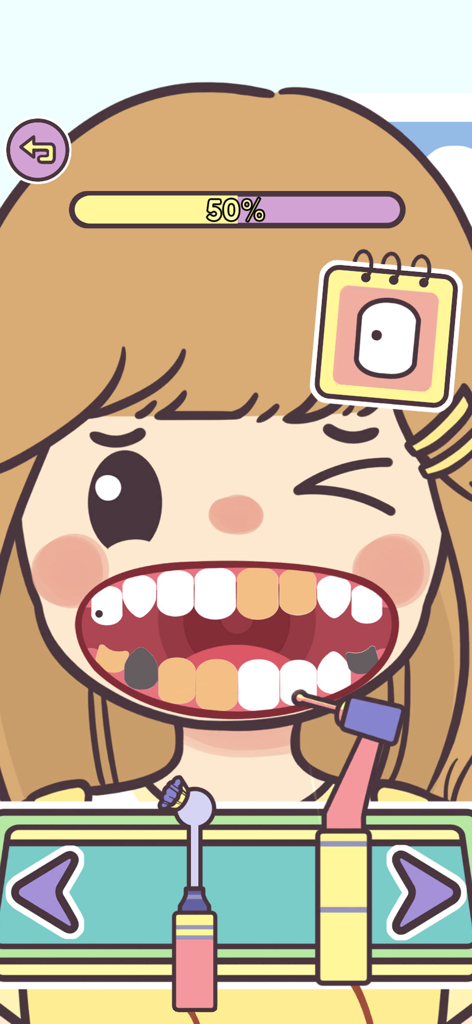 Dentist Games: Teeth Clinic - モバイルゲームで、漫画の女の子の患者が歯科器具で歯をきれいにしてもらっている