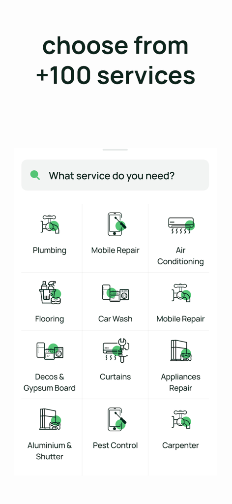 سيرف مي SrvMe - SrvMe app screen showing a variety of home maintenance services to choose from