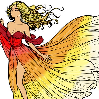 realistic woman in dress flowing the the wind