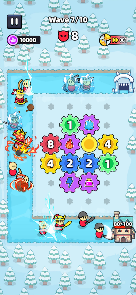 Fortress of Gears - Gameplay of Fortress of Gears showing gear-based strategy in a snowy biome
