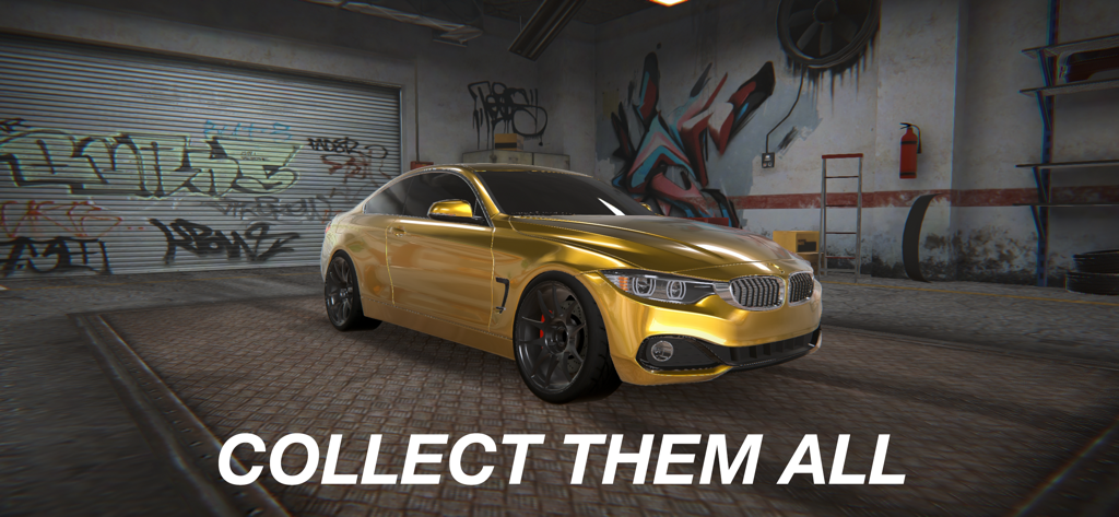 Drift Hunters - Goldenes, maßgeschneidertes Drift-Auto in einer Garage mit dem Text 'Collect Them All'