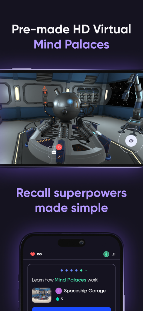 memoryOS・Improve Memory Skills - A 3D virtual mind palace environment in the memoryOS app styled as a spaceship garage.