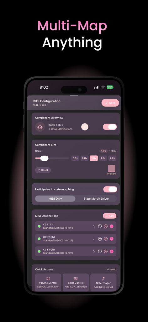 Tandem MIDI Canvas - Interface do Tandem MIDI Canvas mostrando a tela de configuração para mapear múltiplos destinos MIDI para um único componente do controlador