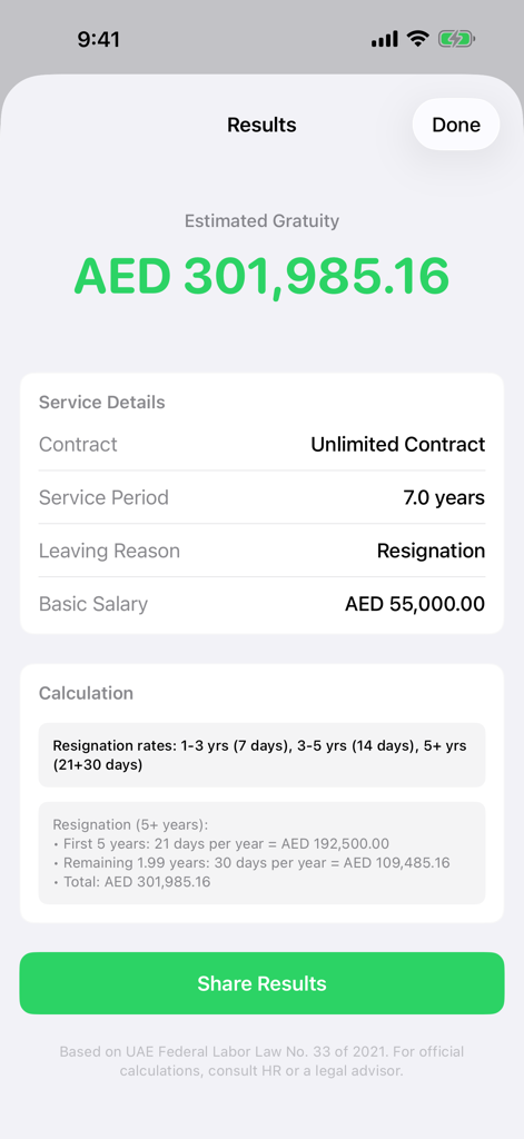 Gratuity Calculator : UAE - Detailed results screen showing UAE gratuity calculation for 7 years of service.