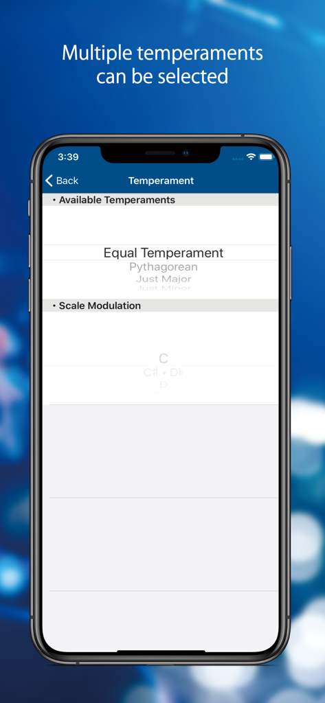 @Tuner - Tela de smartphone mostrando o menu de seleção de temperamento no aplicativo @Tuner com opções para Temperamento Igual e Pitagórico.