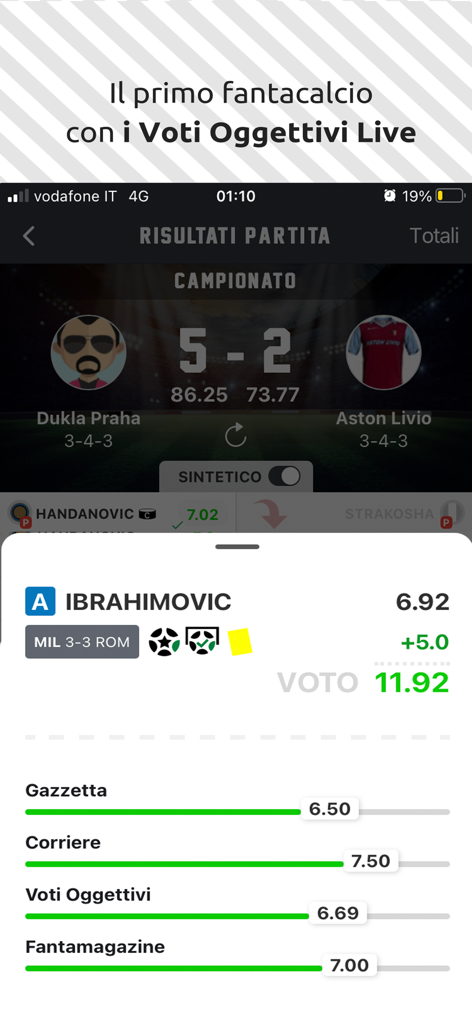 Fantacalcio Online - Interfaccia dell'app Fantacalcio Online che mostra i risultati delle partite e il confronto delle valutazioni dei giocatori live
