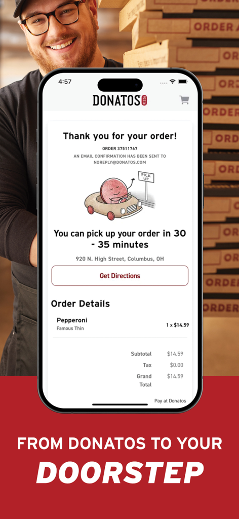 Donatos Pizza app order confirmation screen showing pickup time and order details