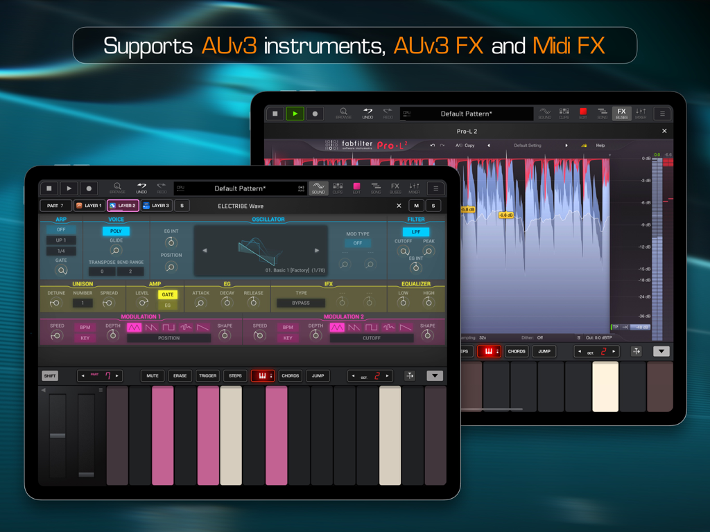 Groove Rider 2 - Interfaccia Groove Rider 2 su iPad che mostra il supporto per strumenti AUv3 ed effetti professionali