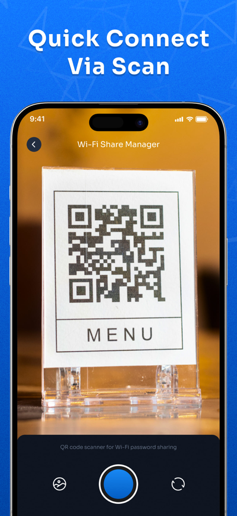 Smartphone scanning a QR code on a menu to quickly connect to a Wi-Fi network