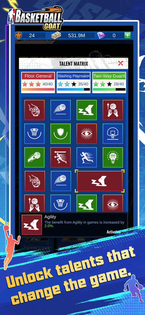 Basketball GOAT game screenshot showing the talent matrix screen with player archetypes and unlockable skills like agility