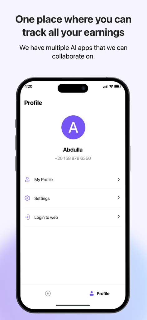 Influencer - Interfaz del perfil de usuario de la aplicación Influencer para rastrear las ganancias del creador