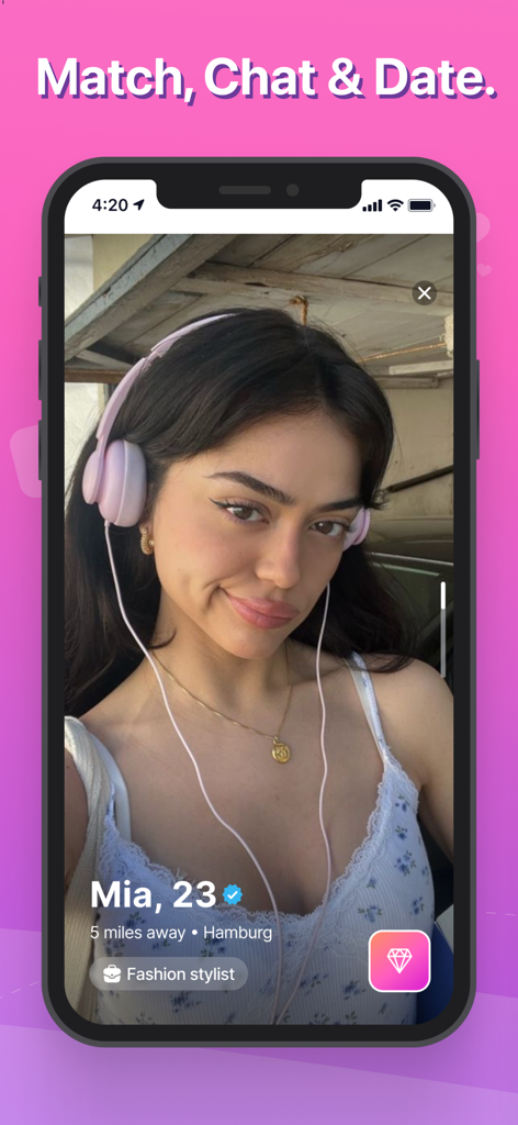 Vibes Dating: Meet new friends - A smartphone showing a verified user profile on the Vibes dating app with the slogan Match Chat and Date