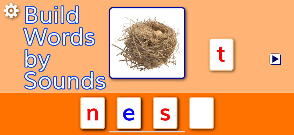SPELLING MAGIC 2 for Schools - Educational screen showing a child spelling the word nest with letter tiles in a phonics learning app