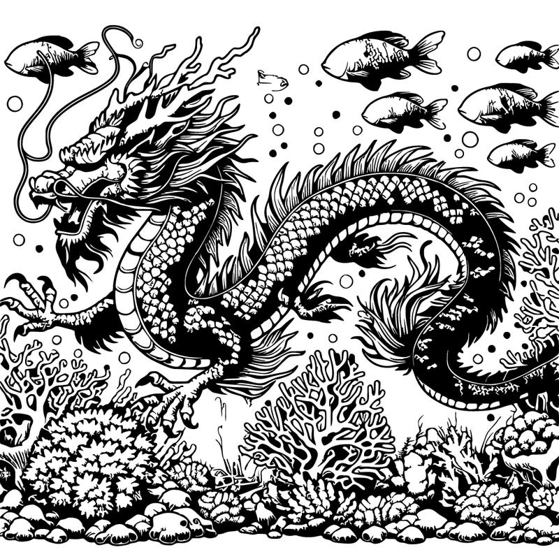 realistic chinese dragon swimming underwater detailed coral surrounded by fish