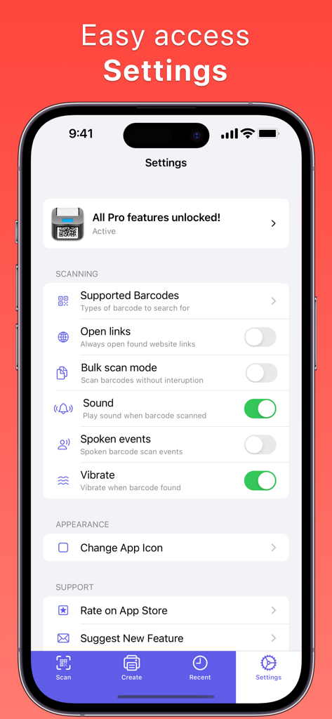 QR Barcode Generator Scanner - Settings screen of the QR Barcode Generator Scanner mobile app showing scanning options and pro features
