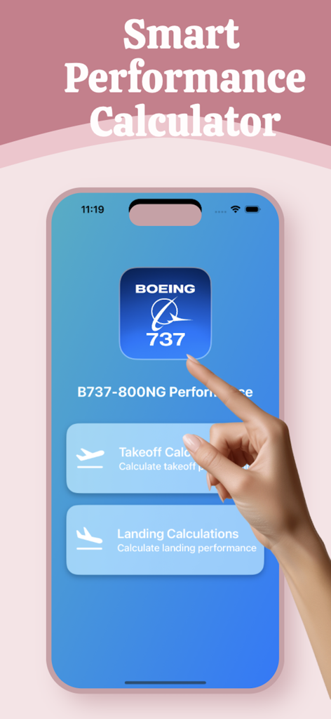B737 Performance app interface showing takeoff and landing calculation buttons
