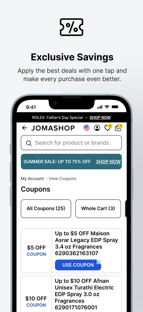 Jomashop - Designer Shopping - Jomashop app screen displaying exclusive discount coupons for luxury items