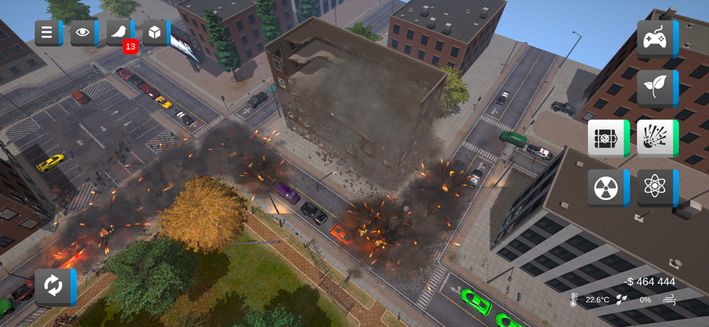 City Smash 2 - Aerial view of a city street with explosions and a collapsing building in the physics sandbox game City Smash 2