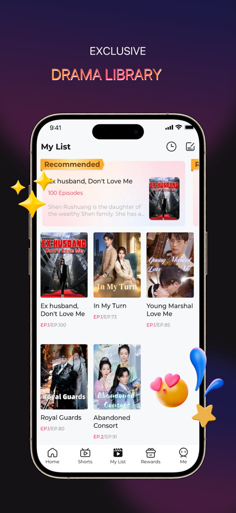 CrushTV - Short & Drama - Interface do aplicativo móvel do CrushTV exibindo uma coleção de dramas curtos exclusivos e histórias de romance.